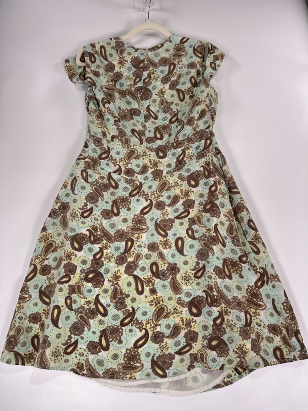 Isabella Bird Fit And Flare Dress Cap Sleeve Silk Paisley Mint Brown 8P - Picture 4 of 12